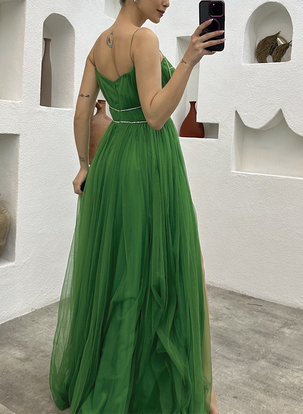 A-Line Sweetheart Sleeveless Tulle Evening Dresses With Split Front
