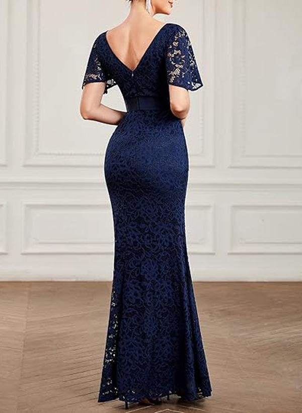 Trumpet/Mermaid V-Neck Short Sleeves Floor-Length Lace Evening Dresses