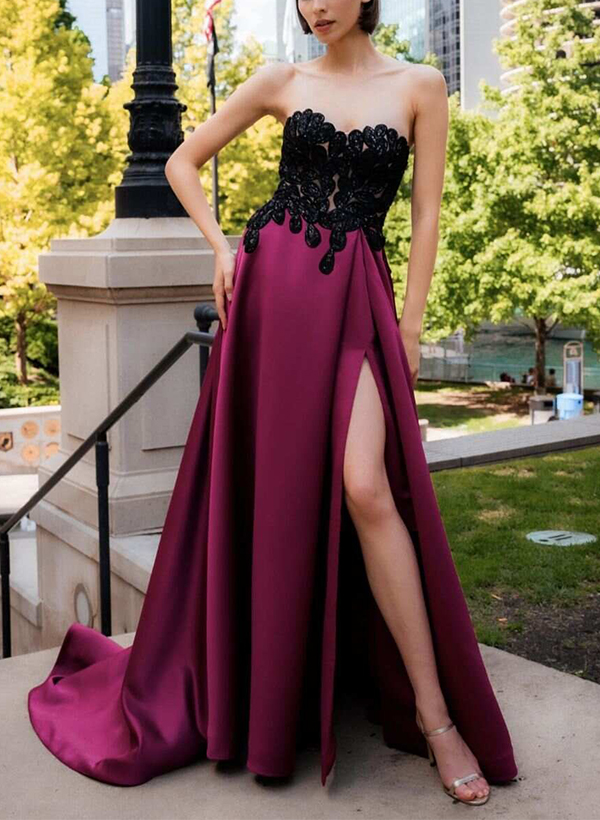 A-Line Sweetheart Sleeveless Lace/Satin Evening Dresses With Split Front