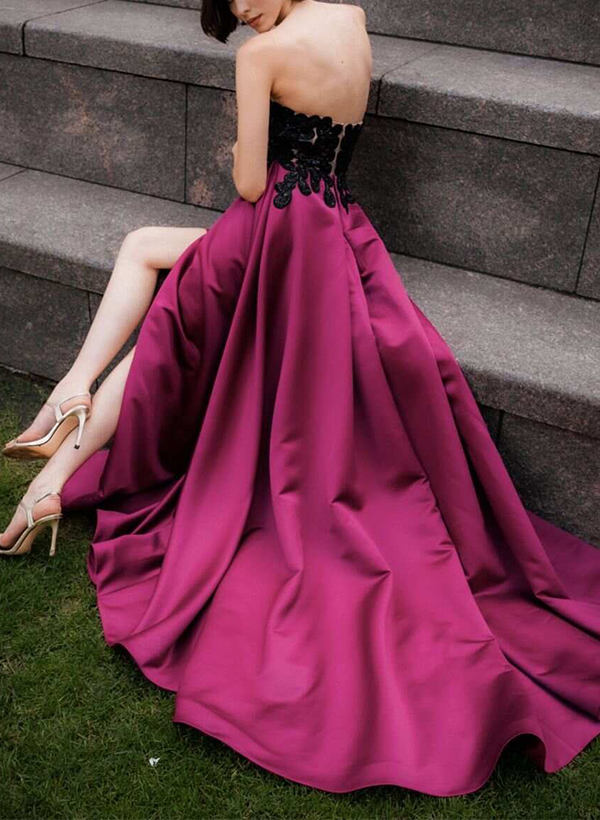 A-Line Sweetheart Sleeveless Lace/Satin Evening Dresses With Split Front