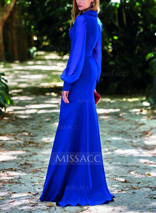 Mermaid V-Neck Long Sleeves Floor-Length Chiffon Evening Dresses With Split Front