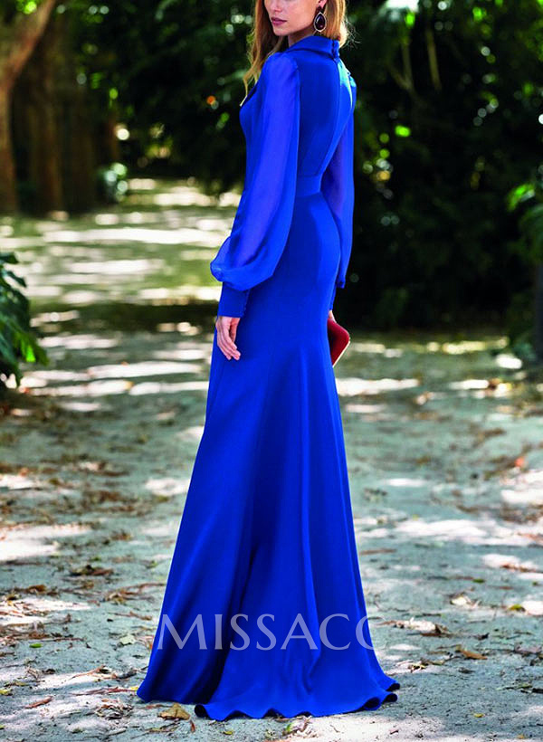 Mermaid V-Neck Long Sleeves Floor-Length Chiffon Evening Dresses With Split Front