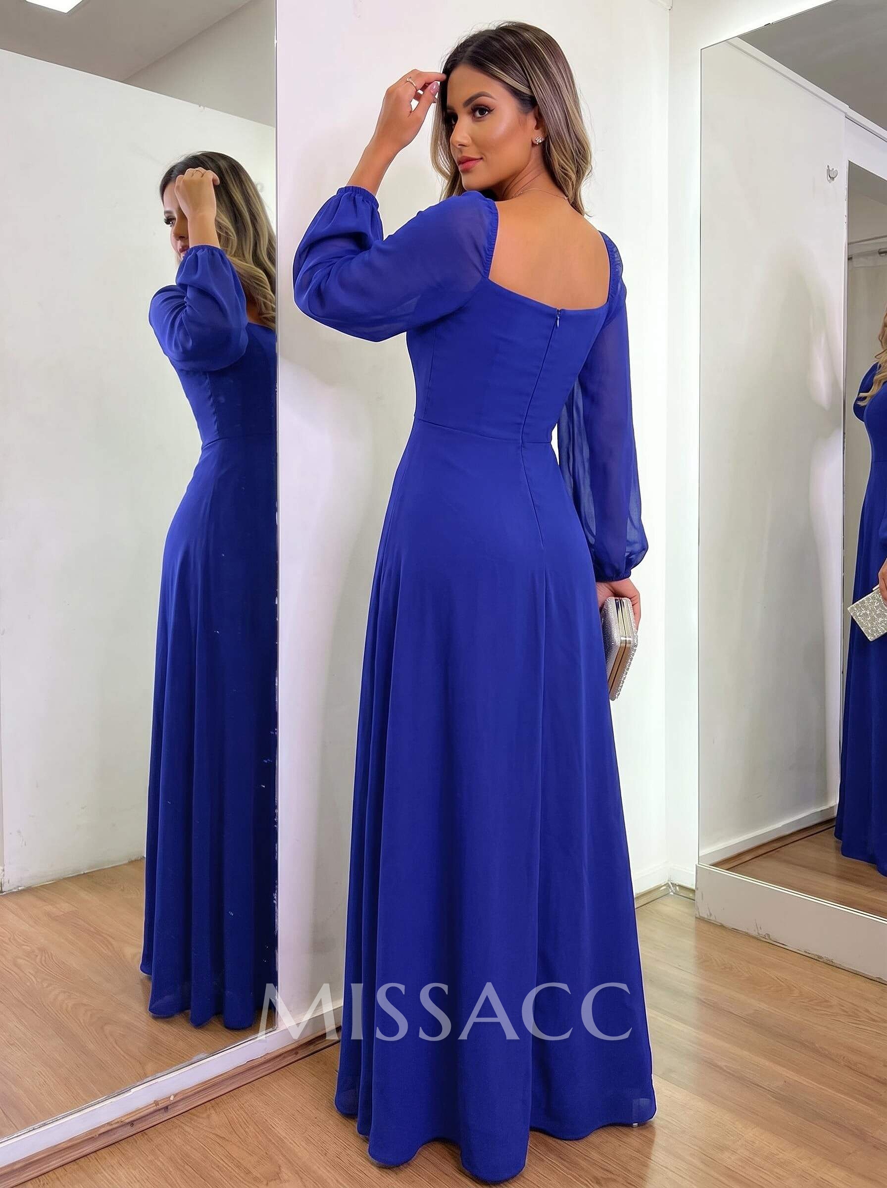 Square Neckline Long Sleeves A-Line Evening Dresses