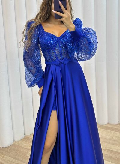 Sequined V-Neck Long Sleeves A-Line Prom Dresses