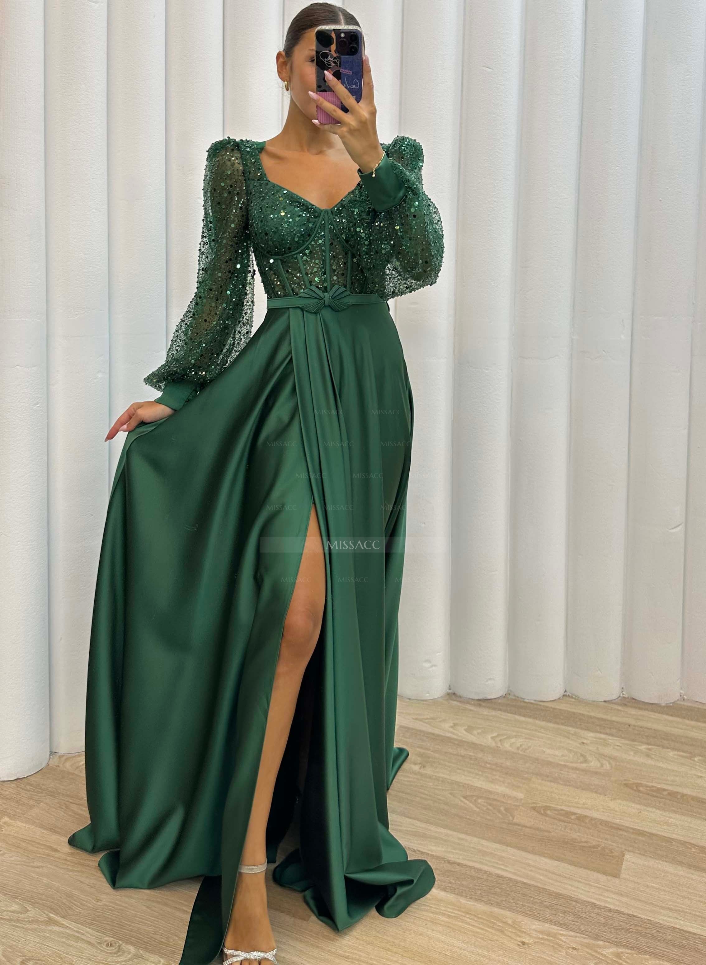 Sequined V-Neck Long Sleeves A-Line Evening Dresses