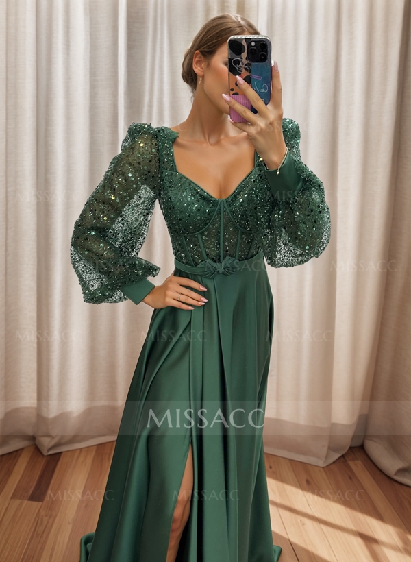 Sequined V-Neck Long Sleeves A-Line Evening Dresses