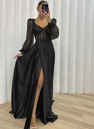 Sequined V-Neck Long Sleeves A-Line Evening Dresses