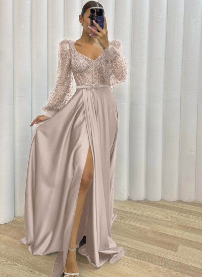 Sequined V-Neck Long Sleeves A-Line Evening Dresses