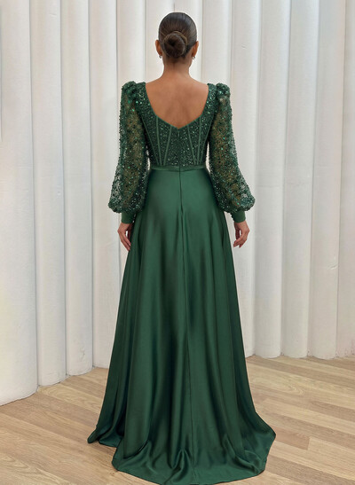 Sequined V-Neck Long Sleeves A-Line Evening Dresses