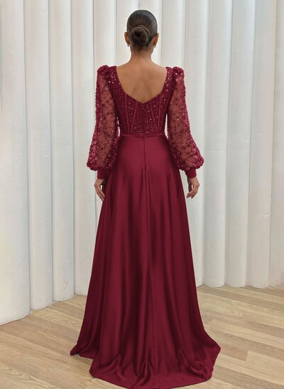 Sequined V-Neck Long Sleeves A-Line Evening Dresses