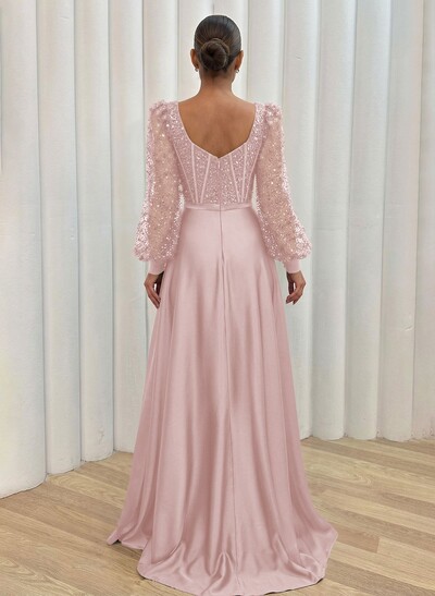 Sequined V-Neck Long Sleeves A-Line Evening Dresses