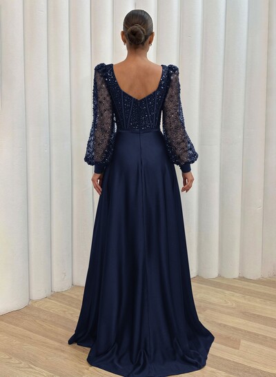 Sequined V-Neck Long Sleeves A-Line Evening Dresses