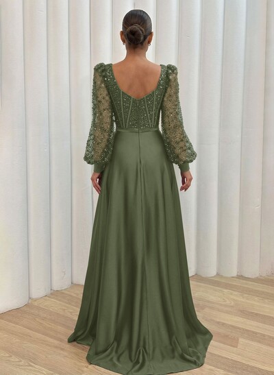 Sequined V-Neck Long Sleeves A-Line Evening Dresses