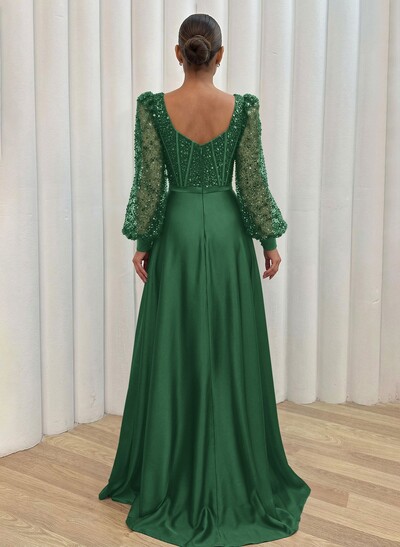 Sequined V-Neck Long Sleeves A-Line Evening Dresses