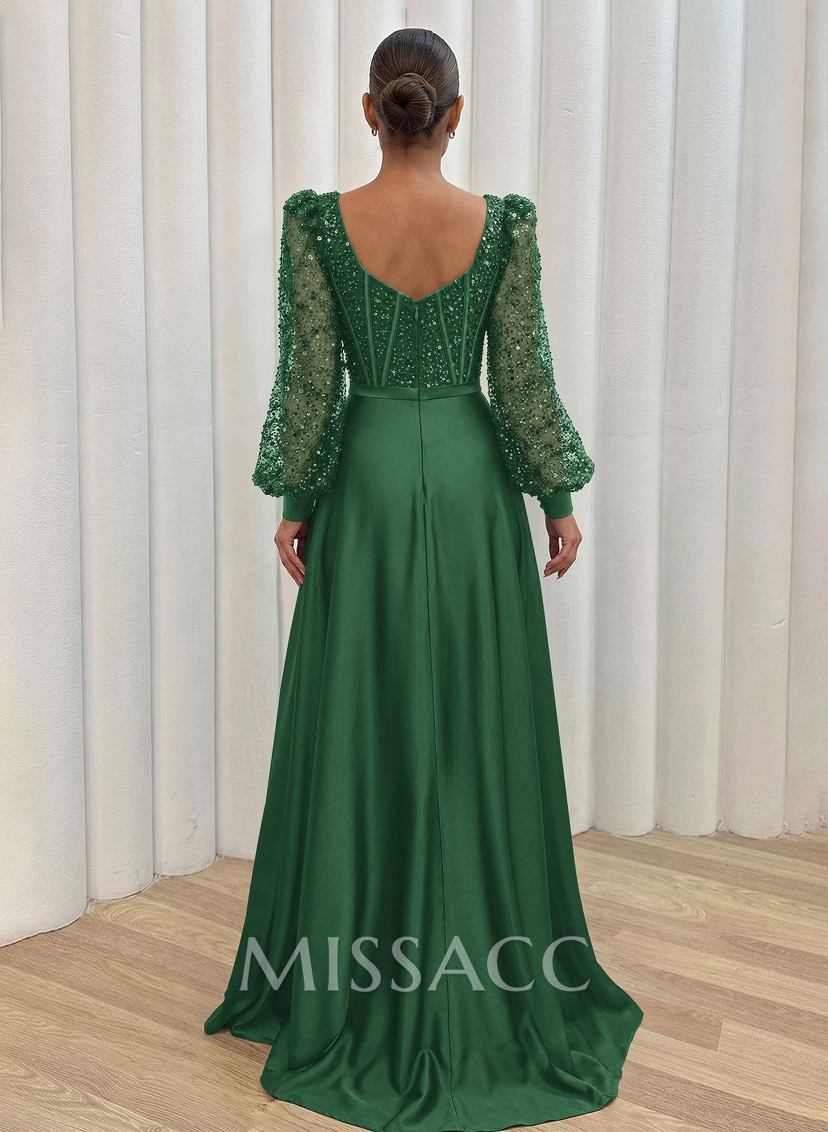 Sequined V-Neck Long Sleeves A-Line Evening Dresses