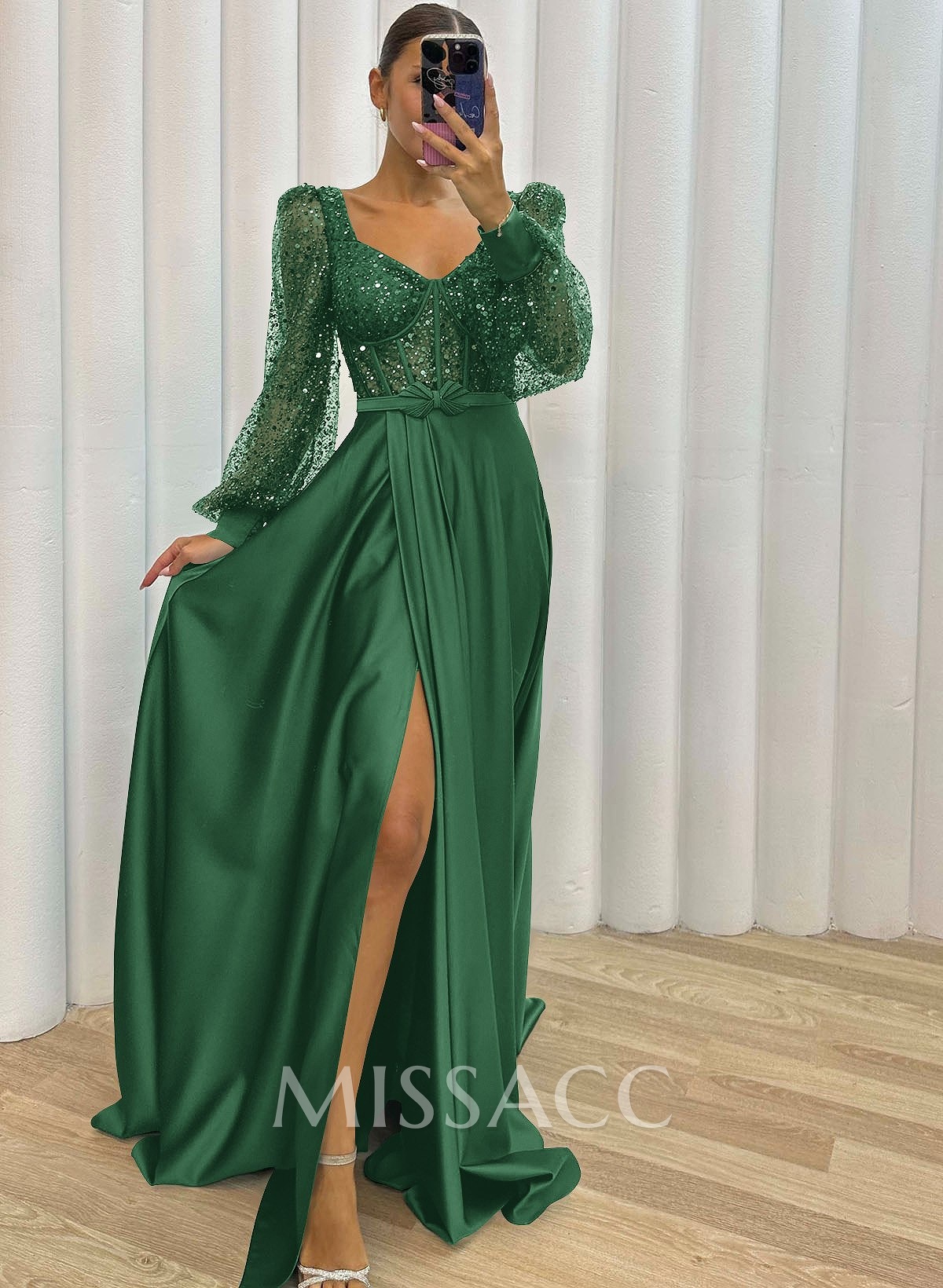 Sequined V-Neck Long Sleeves A-Line Evening Dresses