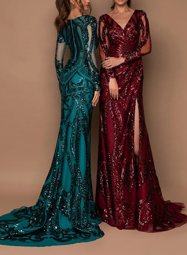 Trumpet/Mermaid V-Neck Long Sleeves Lace Evening Dresses With Split Front