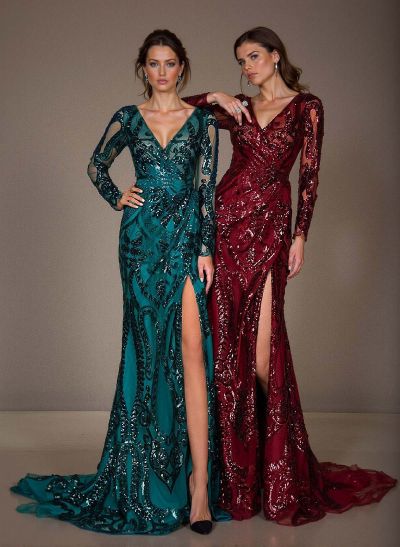 Trumpet/Mermaid V-Neck Long Sleeves Lace Evening Dresses With Split Front