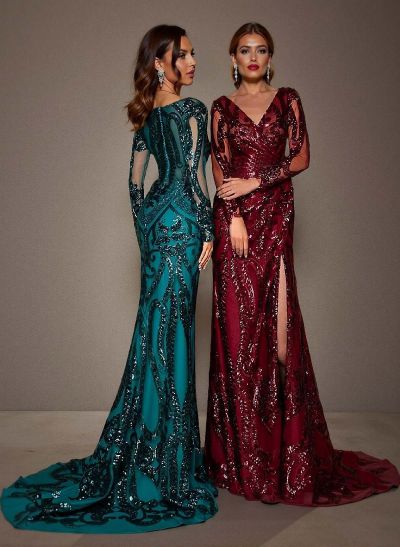 Trumpet/Mermaid V-Neck Long Sleeves Lace Evening Dresses With Split Front