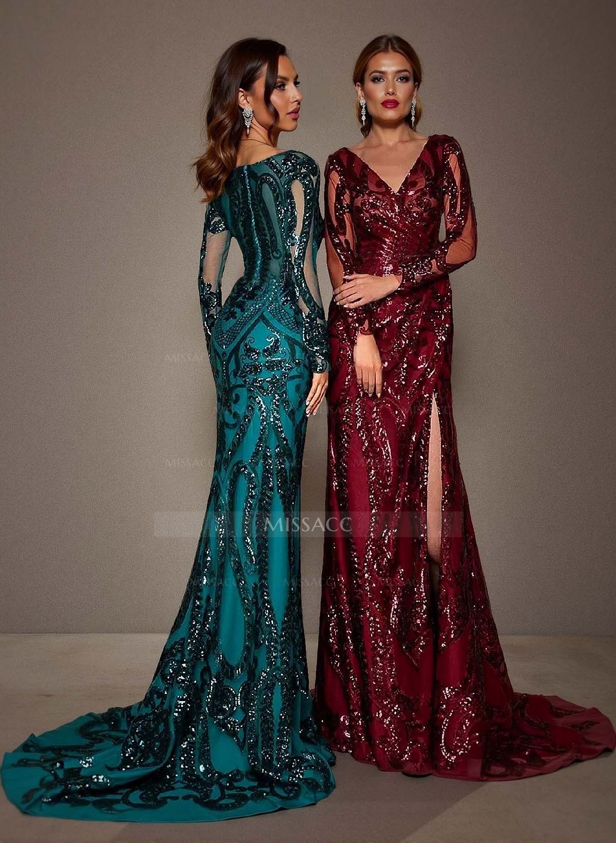 Trumpet/Mermaid V-Neck Long Sleeves Lace Evening Dresses With Split Front