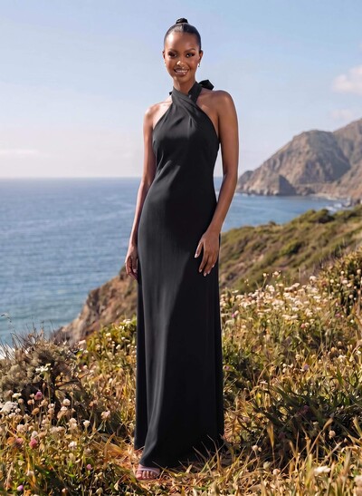 Sheath/Column Halter Sleeveless Floor-Length Elastic Satin Evening Dresses