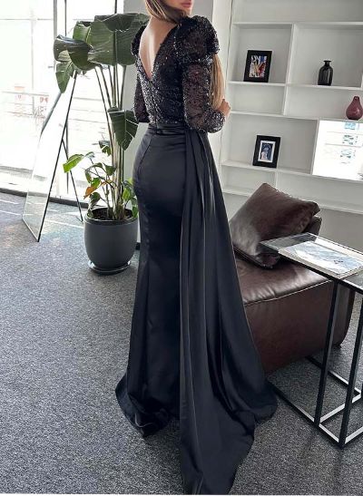 Trumpet/Mermaid Scoop Neck Long Sleeves Sequined Evening Dresses