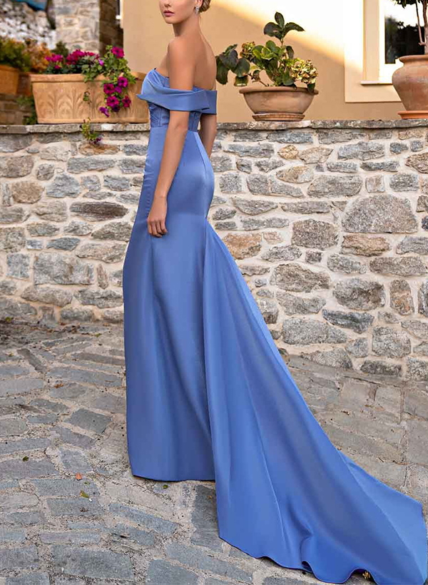 Off-The-Shoulder Sleeveless Sweep Train Satin Evening Dresses With Split Front