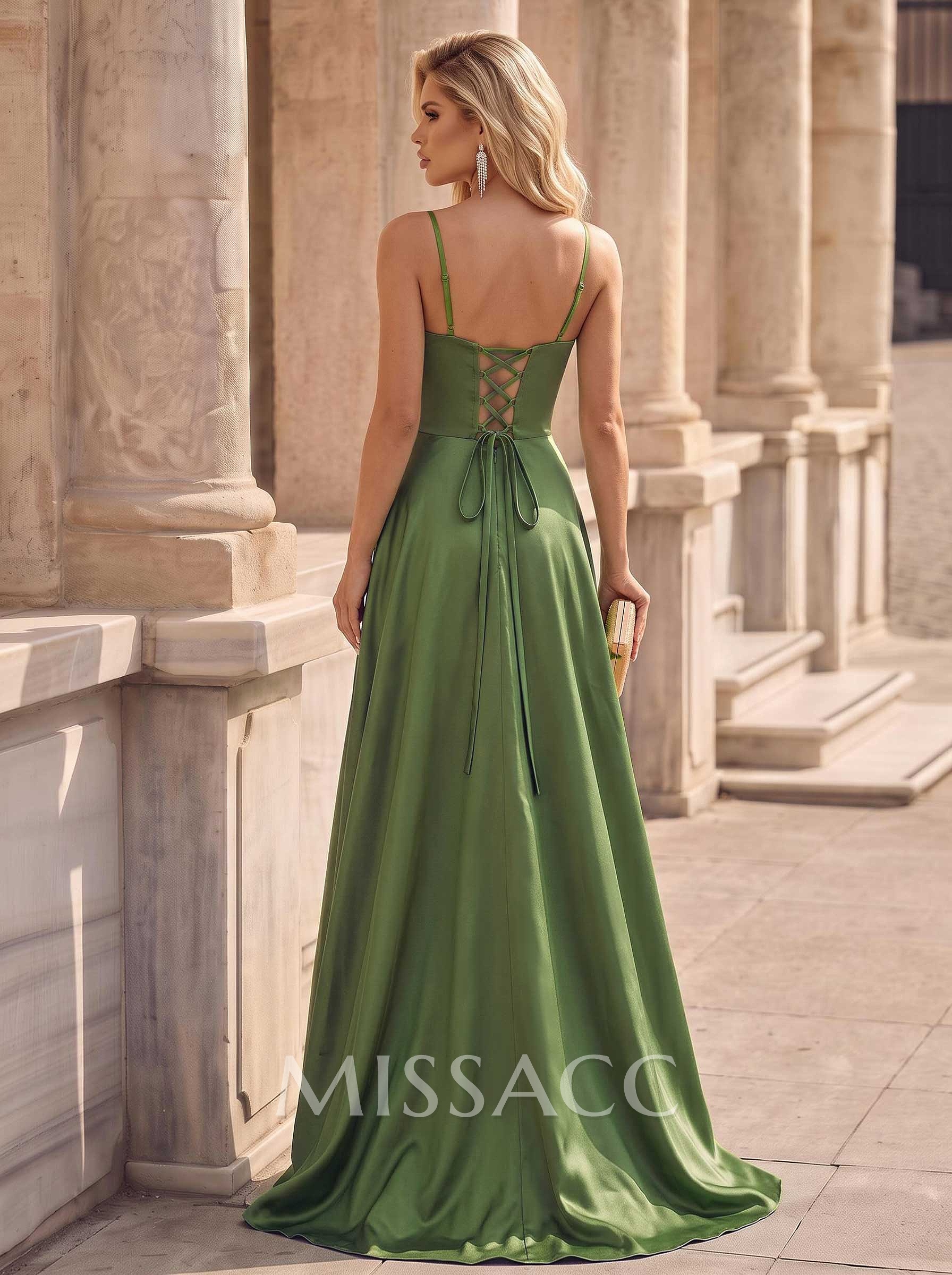 Spaghetti Straps Satin A-Line Slit Evening Dresses