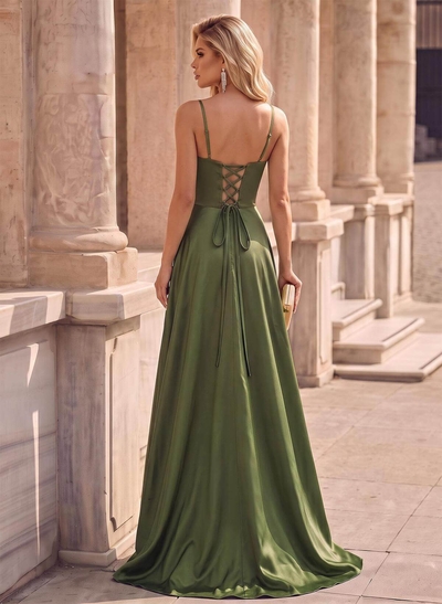 Spaghetti Straps Satin A-Line Slit Evening Dresses