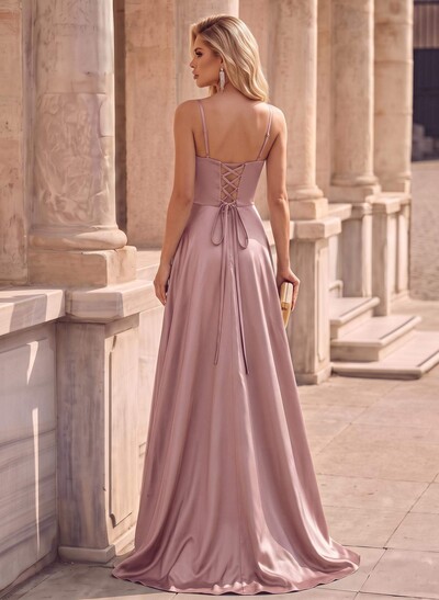 Spaghetti Straps Satin A-Line Slit Evening Dresses