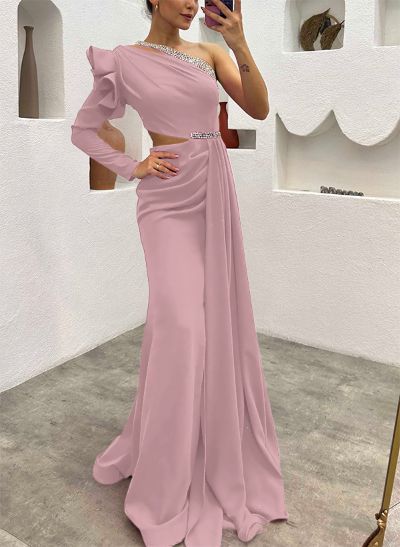 One-Shoulder Long Sleeves Beading Evening Dresses