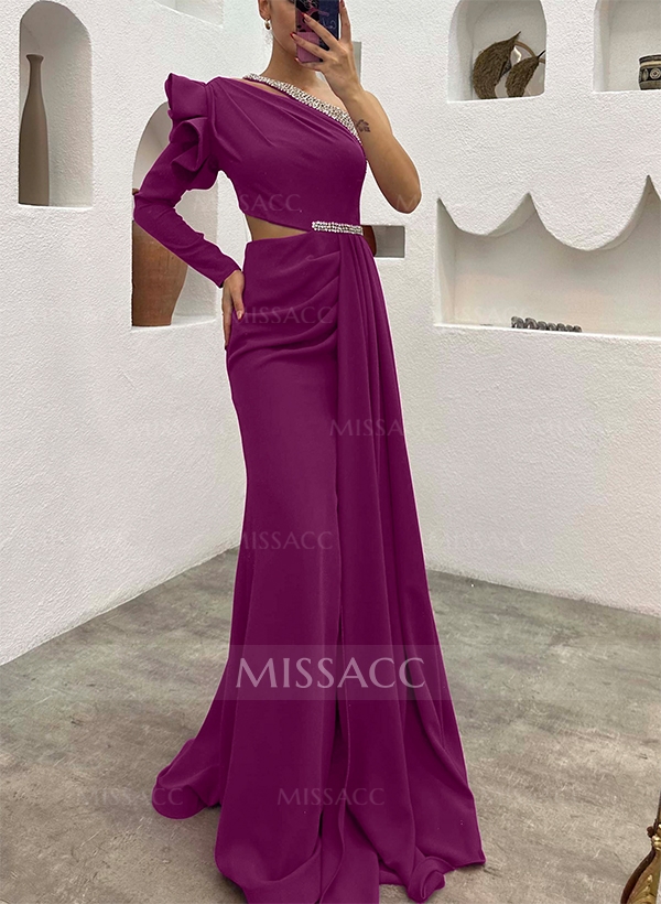 One-Shoulder Long Sleeves Beading Evening Dresses