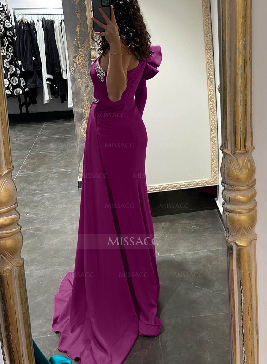 One-Shoulder Long Sleeves Beading Evening Dresses