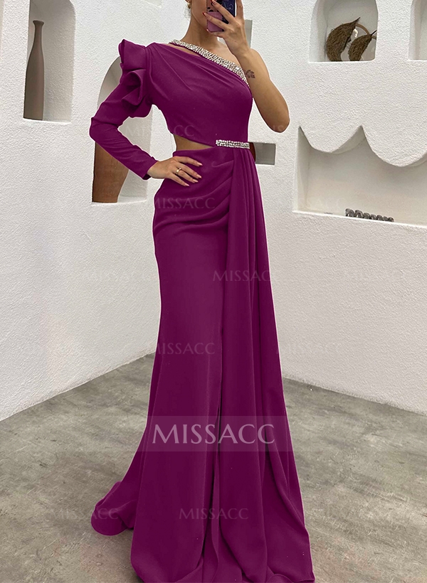 One-Shoulder Long Sleeves Beading Evening Dresses