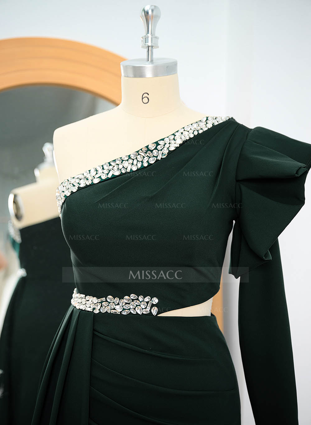 One-Shoulder Long Sleeves Beading Evening Dresses
