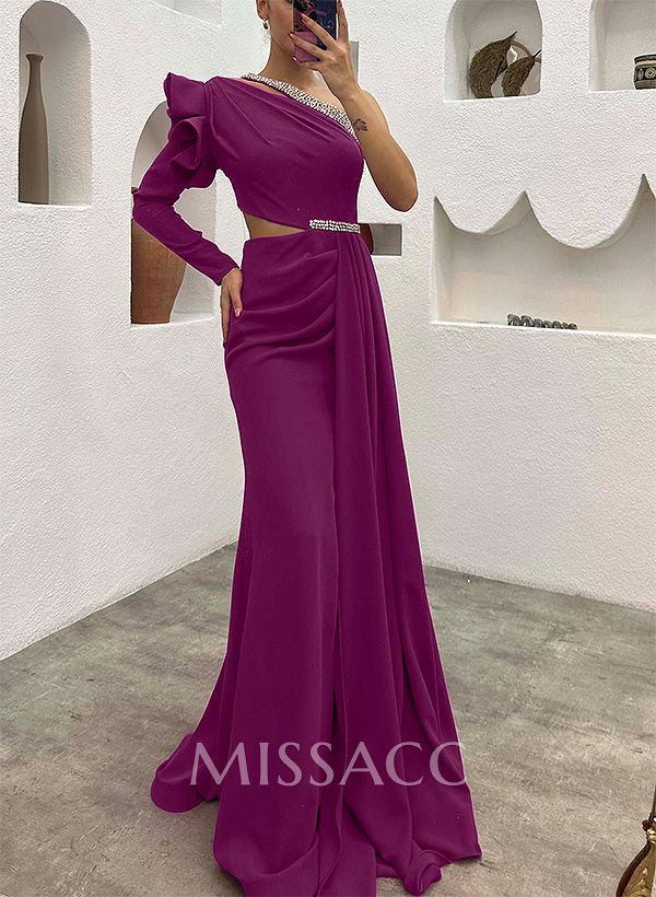 One-Shoulder Long Sleeves Beading Evening Dresses