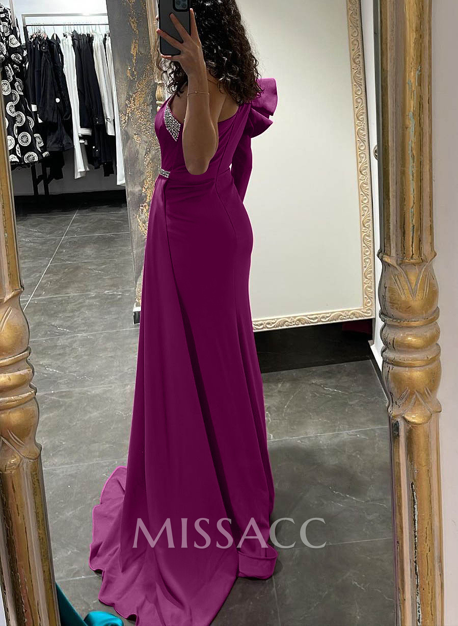 One-Shoulder Long Sleeves Beading Evening Dresses