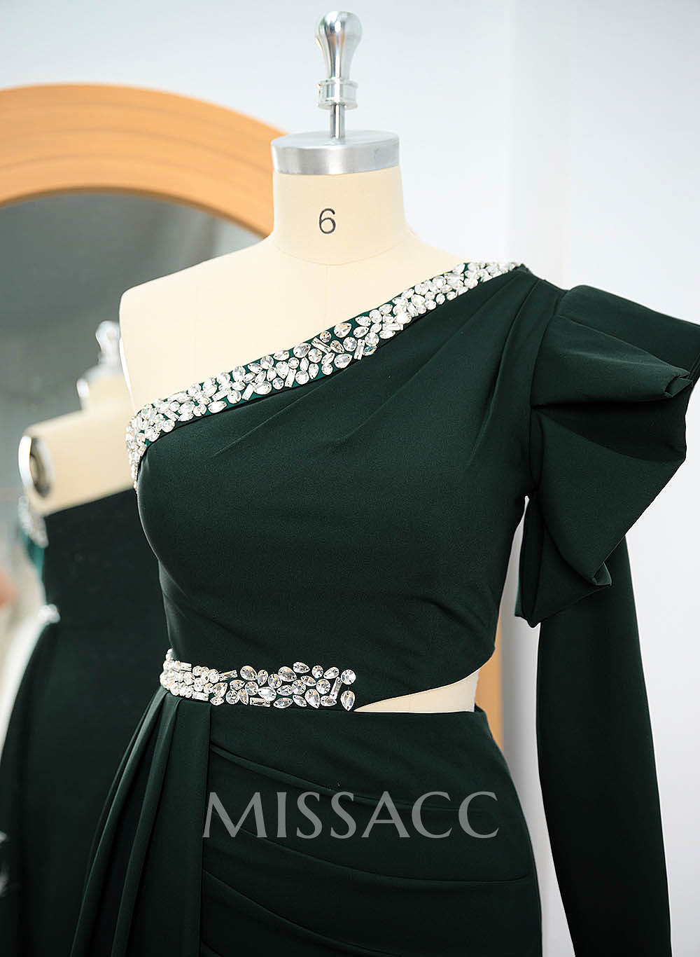 One-Shoulder Long Sleeves Beading Evening Dresses
