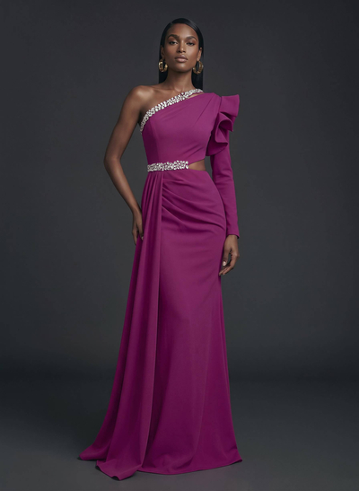 One-Shoulder Long Sleeves Beading Evening Dresses