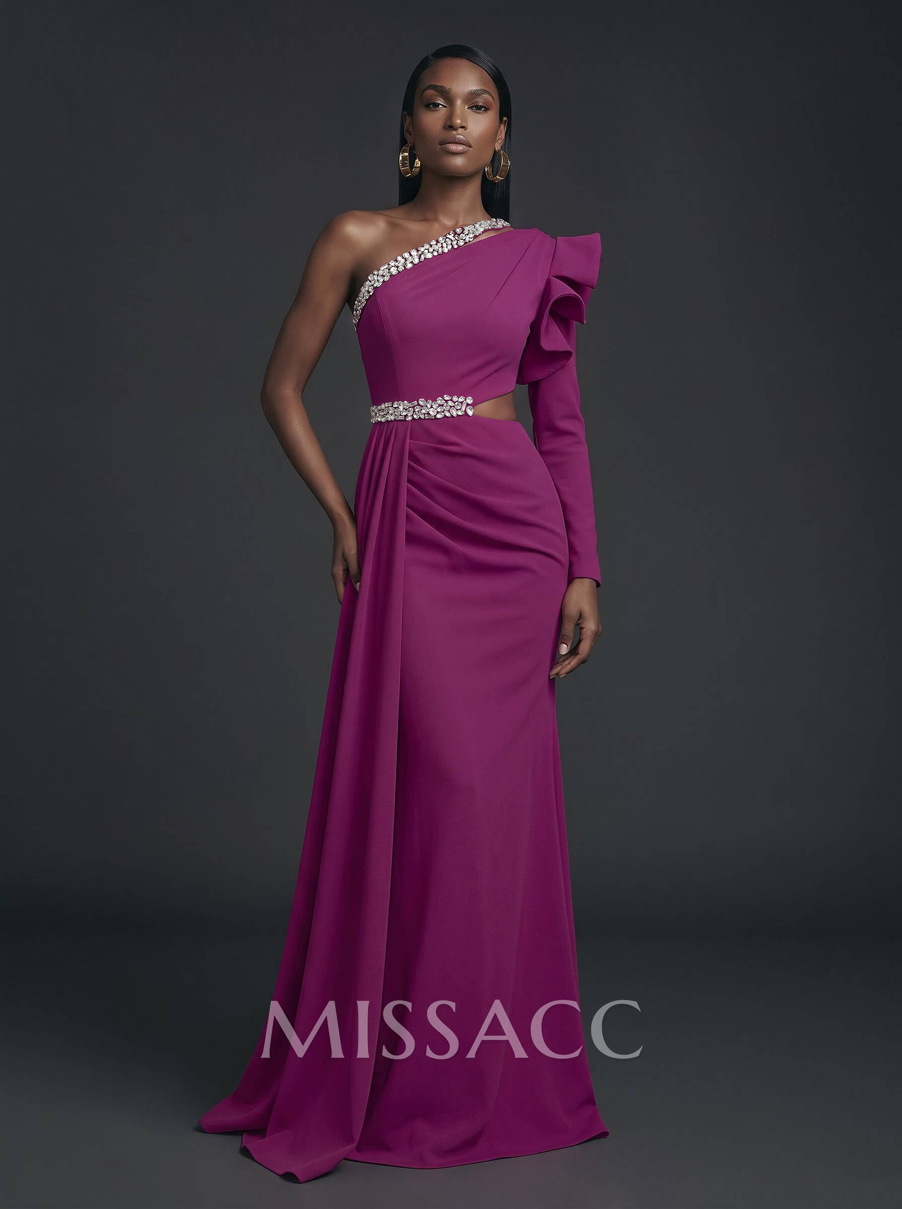 One-Shoulder Long Sleeves Beading Evening Dresses