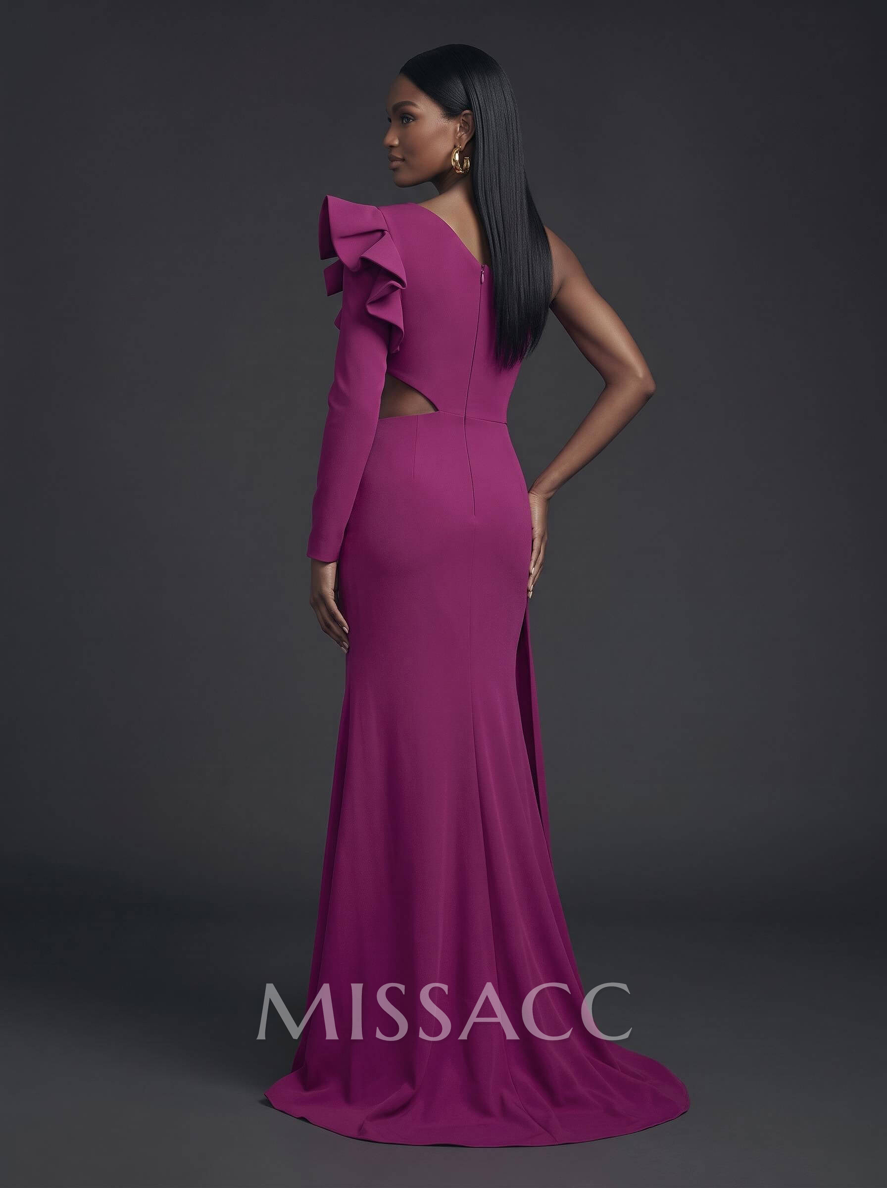 One-Shoulder Long Sleeves Beading Evening Dresses