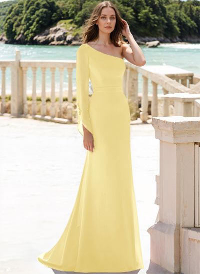 Elegant One-Shoulder Long Sleeves Sweep Train Chiffon Evening Dresses