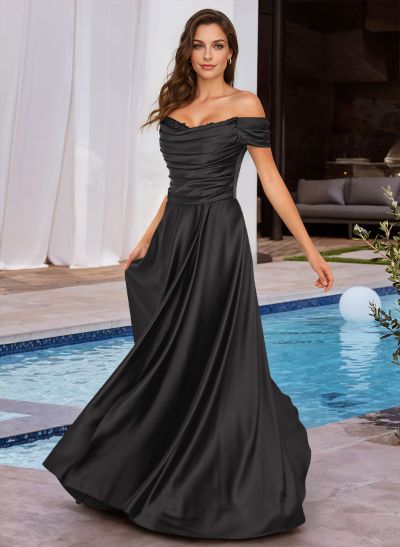 A-Line Off-The-Shoulder Sleeveless Floor-Length Charmeuse Evening Dresses With Beading