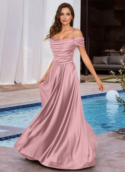 A-Line Off-The-Shoulder Sleeveless Floor-Length Charmeuse Evening Dresses With Beading