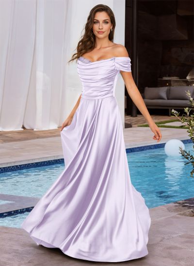A-Line Off-The-Shoulder Sleeveless Floor-Length Charmeuse Evening Dresses With Beading