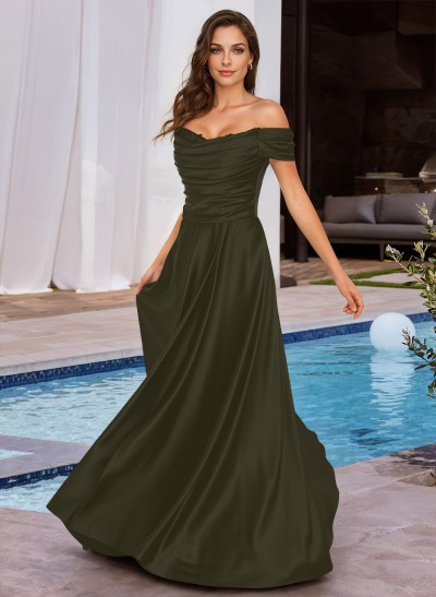 A-Line Off-The-Shoulder Sleeveless Floor-Length Charmeuse Evening Dresses With Beading