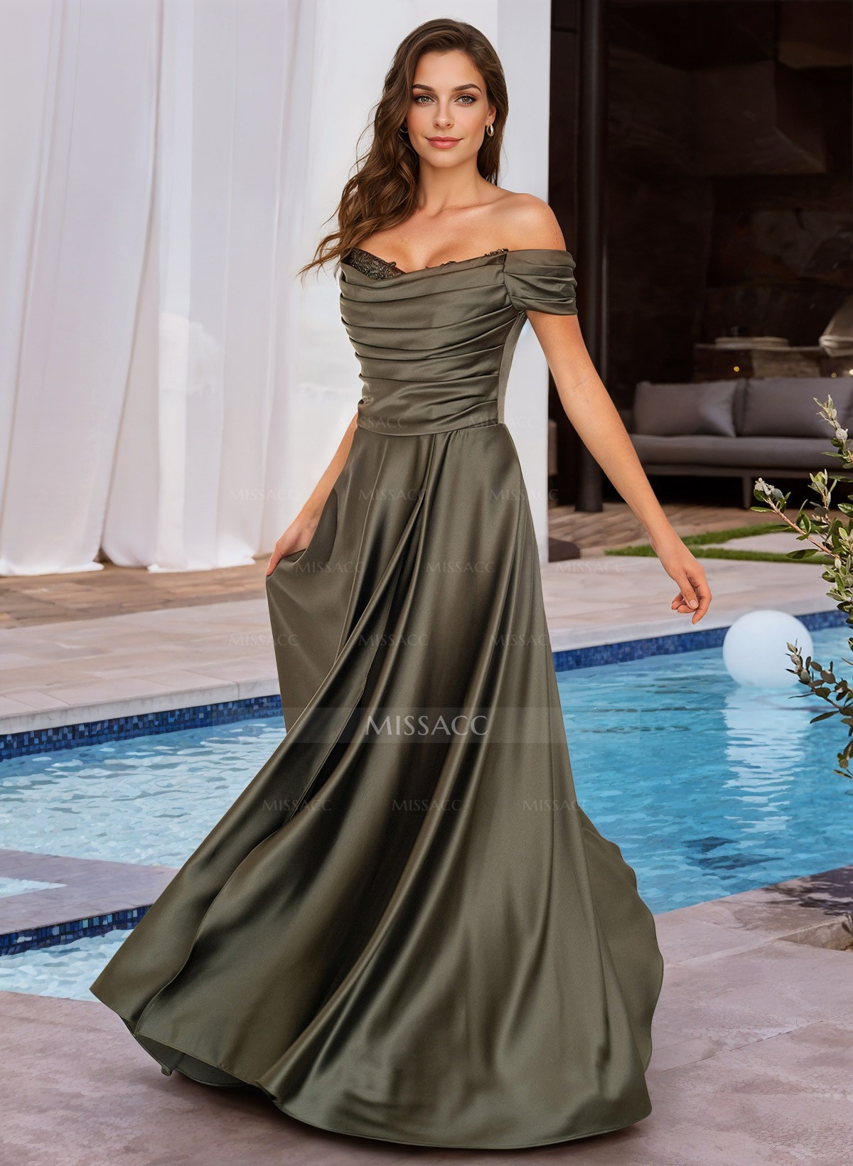 A-Line Off-The-Shoulder Sleeveless Floor-Length Charmeuse Evening Dresses With Beading