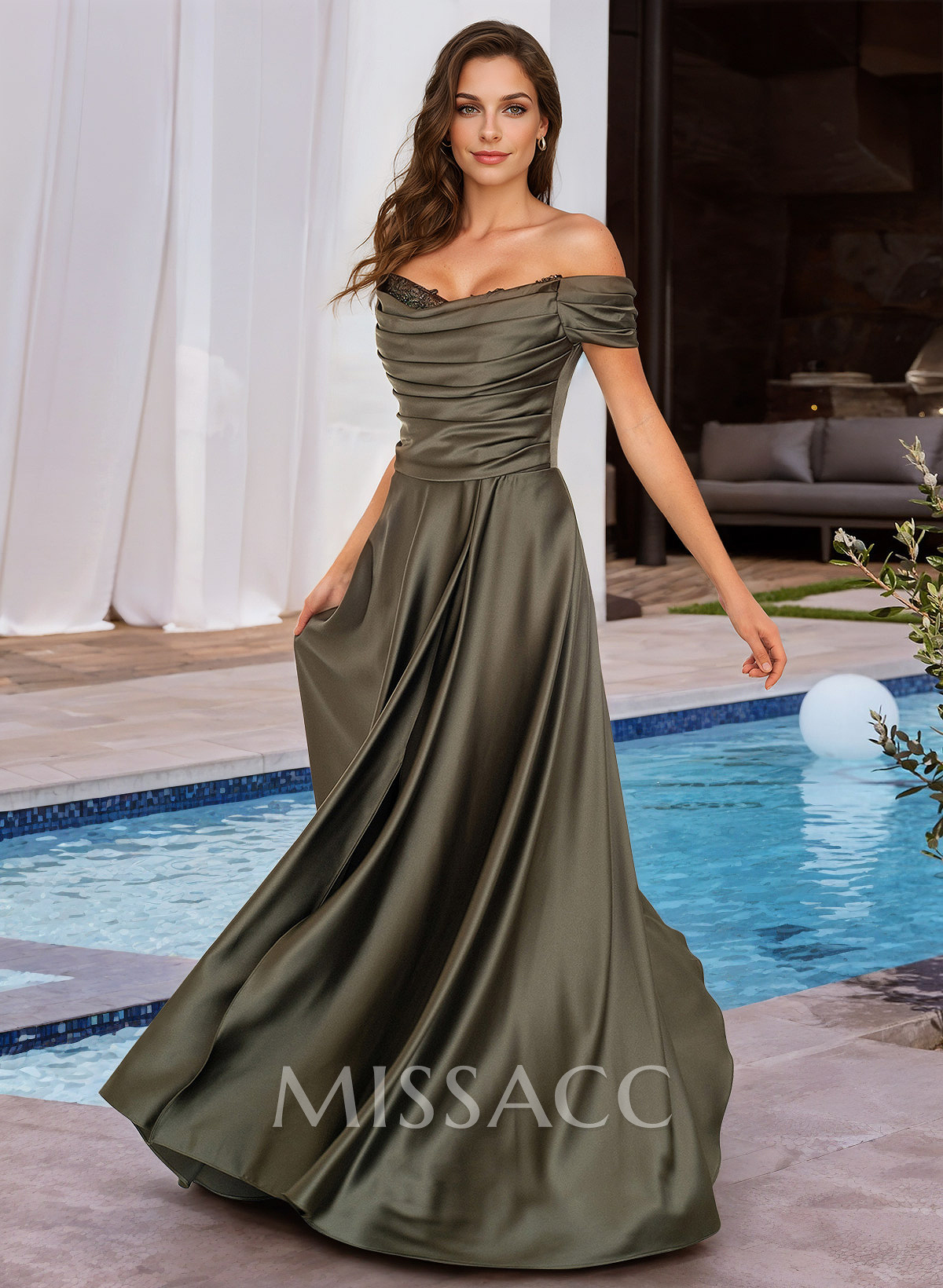 A-Line Off-The-Shoulder Sleeveless Floor-Length Charmeuse Evening Dresses With Beading