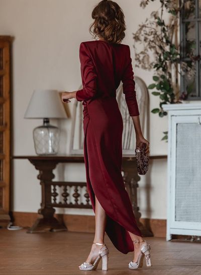 Elegant V-Neck Long Sleeves Asymmetrical Charmeuse Evening Dresses