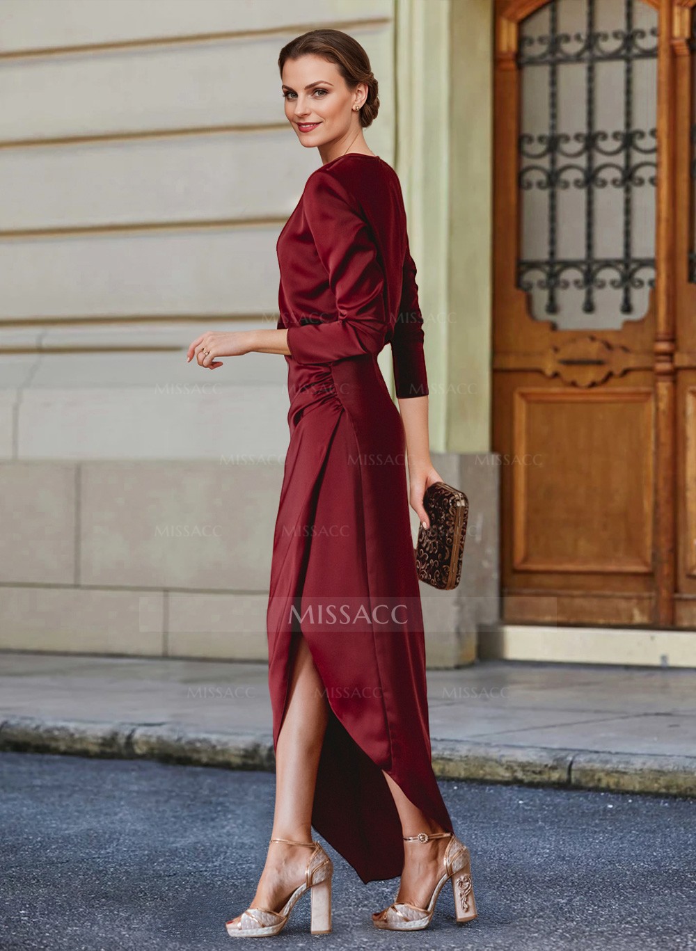 Elegant V-Neck Long Sleeves Asymmetrical Charmeuse Evening Dresses